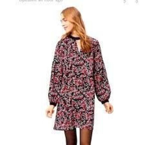 Loft Size S Long Sleeve Shift Dress Red Berry Floral Velvet Trim Cutout Fall - Picture 1 of 14